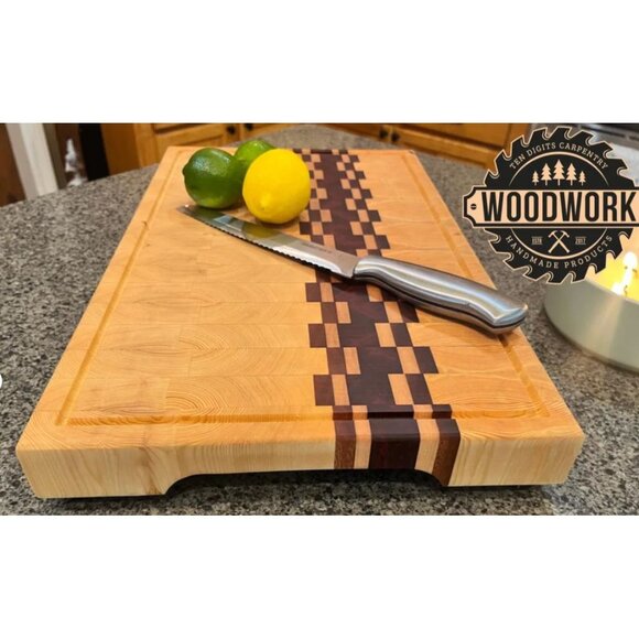 Handmade Wood Cutting Board With Checkerboard Inlay Design - Picture 3 of 10